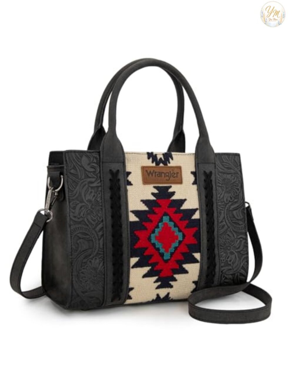 Western Tote Purse Genuine Leather Aztec Tapestry Whipstitch Top Handle